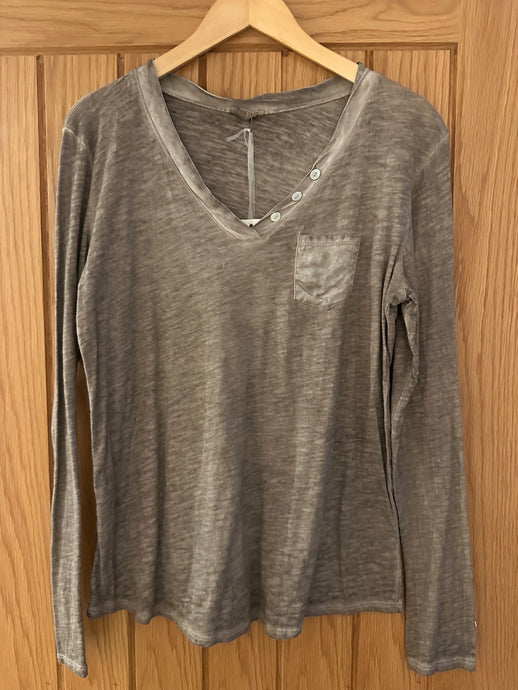 Pocket Long Sleeve Top with Button Detail - Taupe